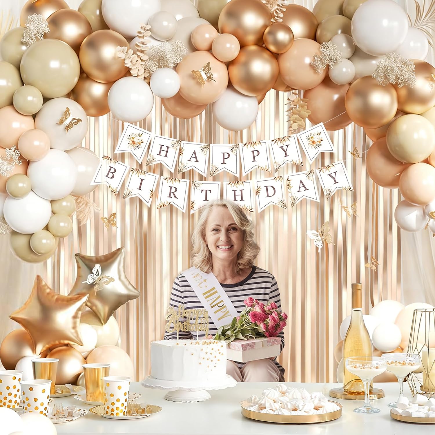 Thumbnail 6 de Geburtstagsdeko Beige Champagner Gold Set mit Happy Birthday Banner, Schärpe, Luftballons & Deko-Vorhang