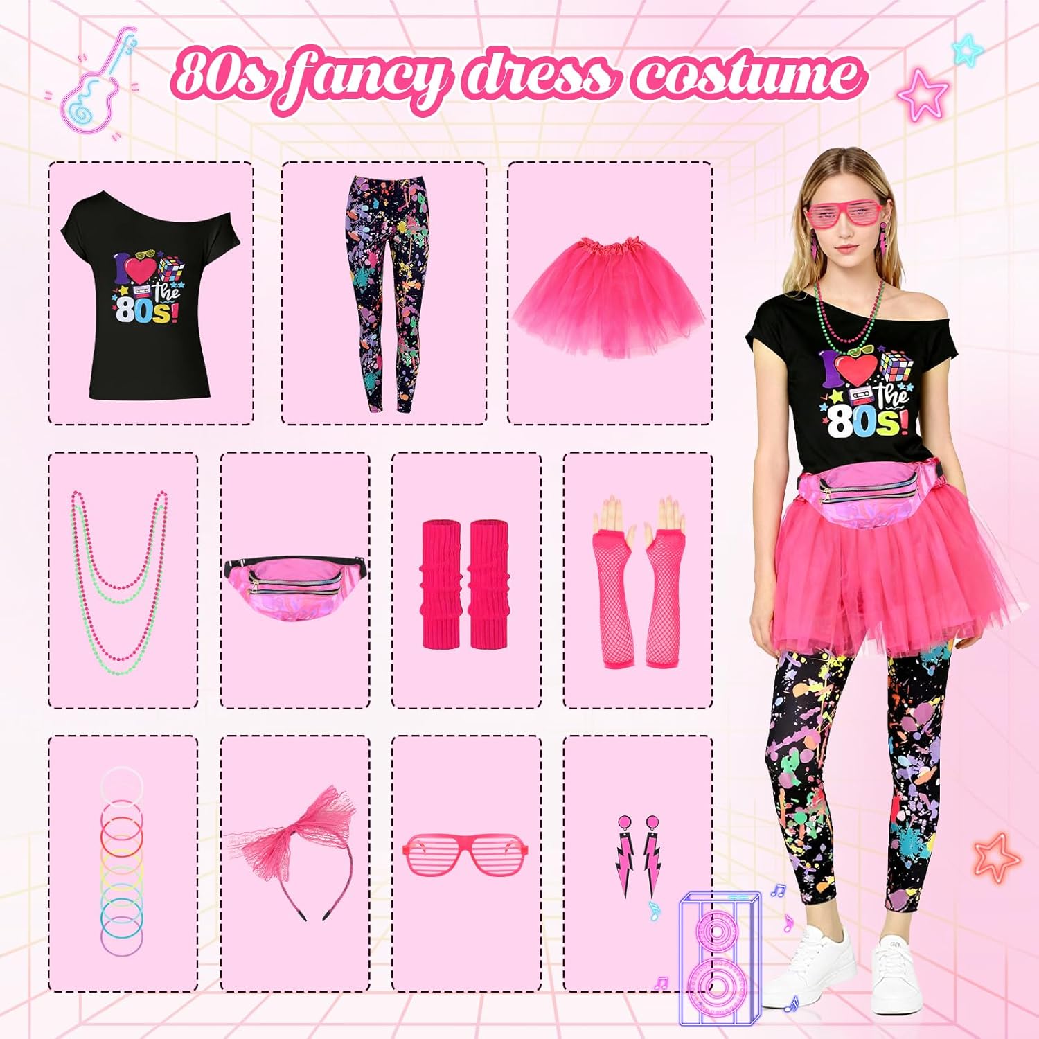 Thumbnail 6 de HuiJuKeJi 80er Jahre Outfit Damen Set mit Neon-Accessoires (24-teilig)