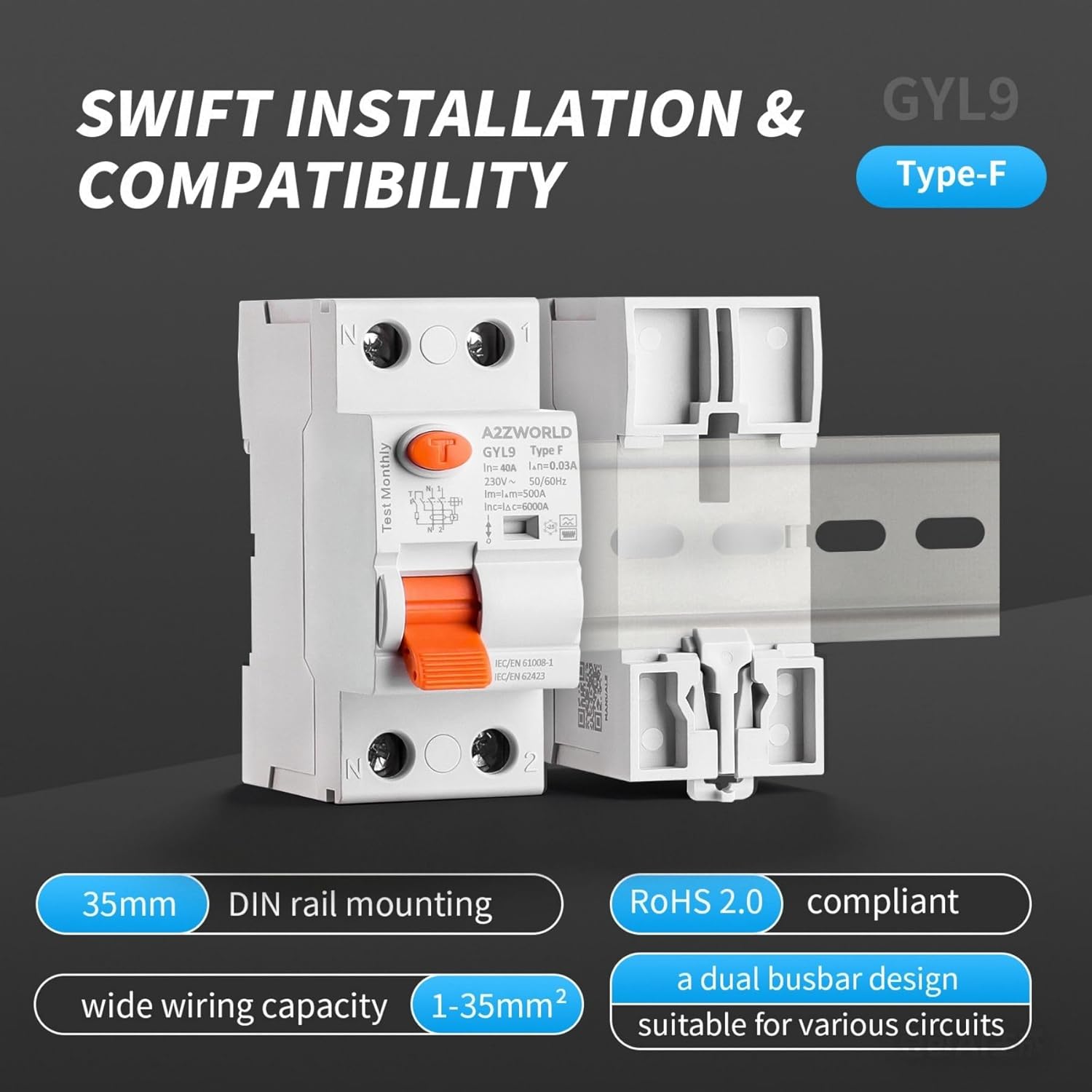 Detalle de Interruttore Differenziale Puro Salvavita Tipo F 40A, 1P+N, 6kA, 300mA, 2 Moduli DIN