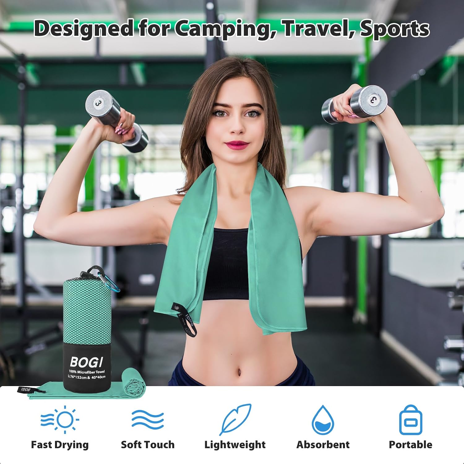 Detalle 2 de BOGI Microfibre Quick Dry Soft Lightweight Gym Towel (XL: 182cm x 81cm + 40cm x 40cm) – Mint