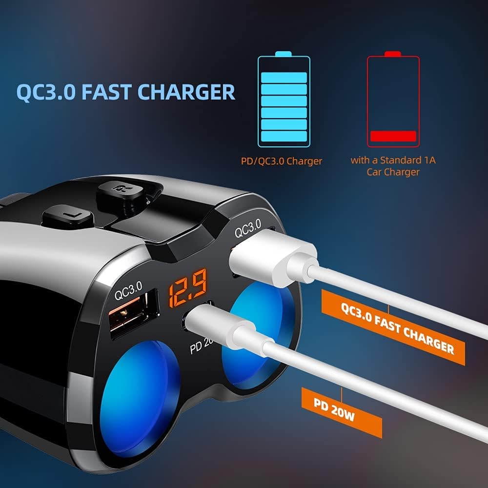 Thumbnail 1 de USB Car Charger Adapter Cigarette Lighter Splitter with QC3.0 + 20W USB-C PD and LED voltage display