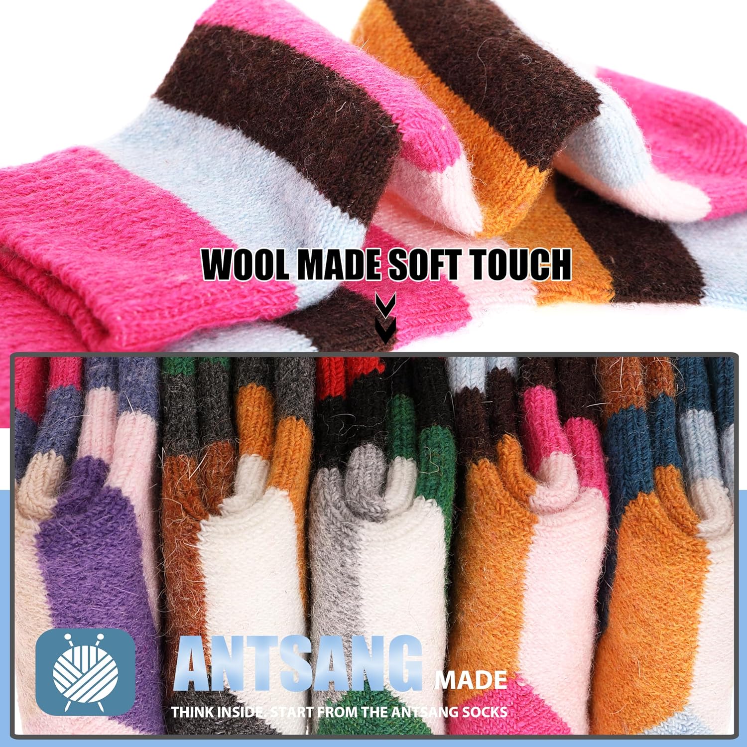 Detalle de ANTSANG Kids Merino Wool Hiking Socks, 6 Pairs, Cushioned Crew Boot Socks