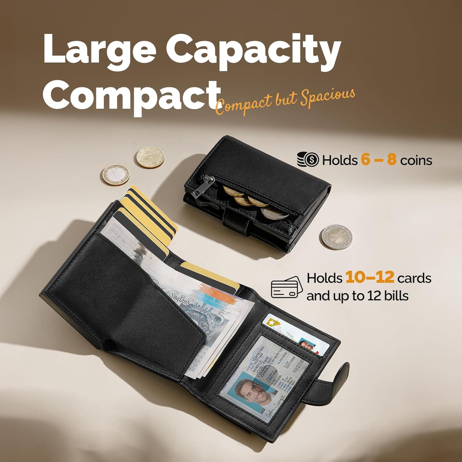 Thumbnail 2 de YESIIW slim pop-up mens wallet with RFID blocking, coin pocket & ID window (Black)