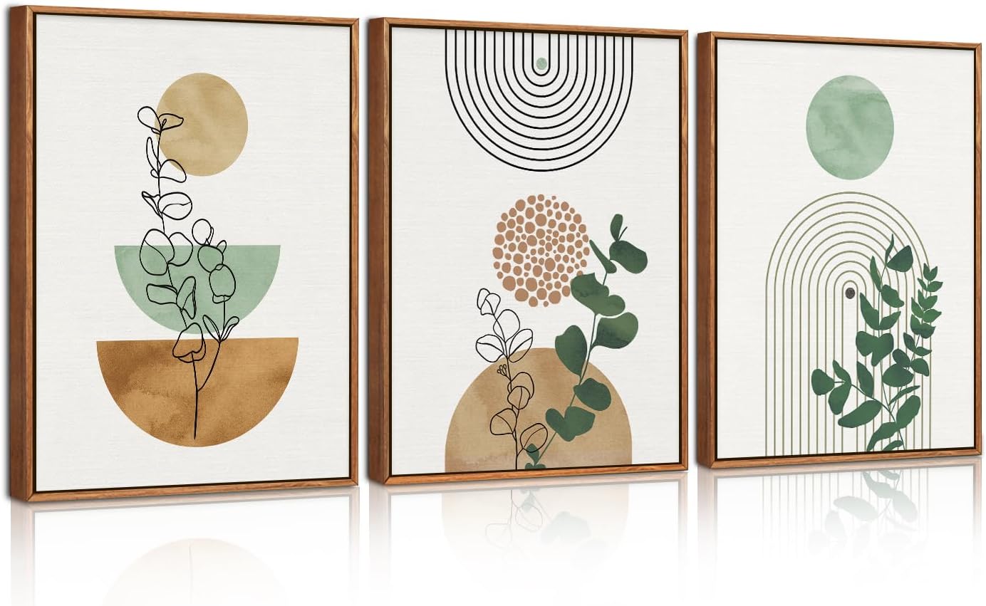 Detalle de HPNIUB Boho Grün Leinwandbild im Rahmen (40 x 60 cm) – abstrakte Wanddekoration im Mid-Century-Stil