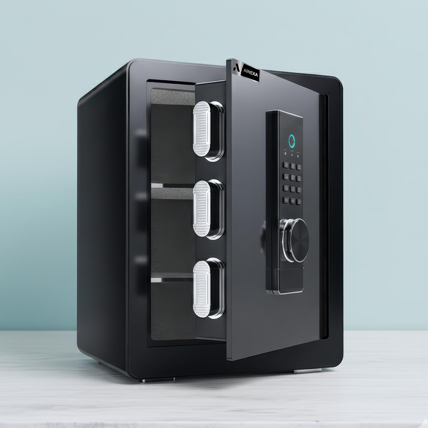 Detalle de Amazon Basics Tresor aus Stahl 34 l – Sicherer Aufbewahrungsort für Bargeld, Schmuck und Papiere