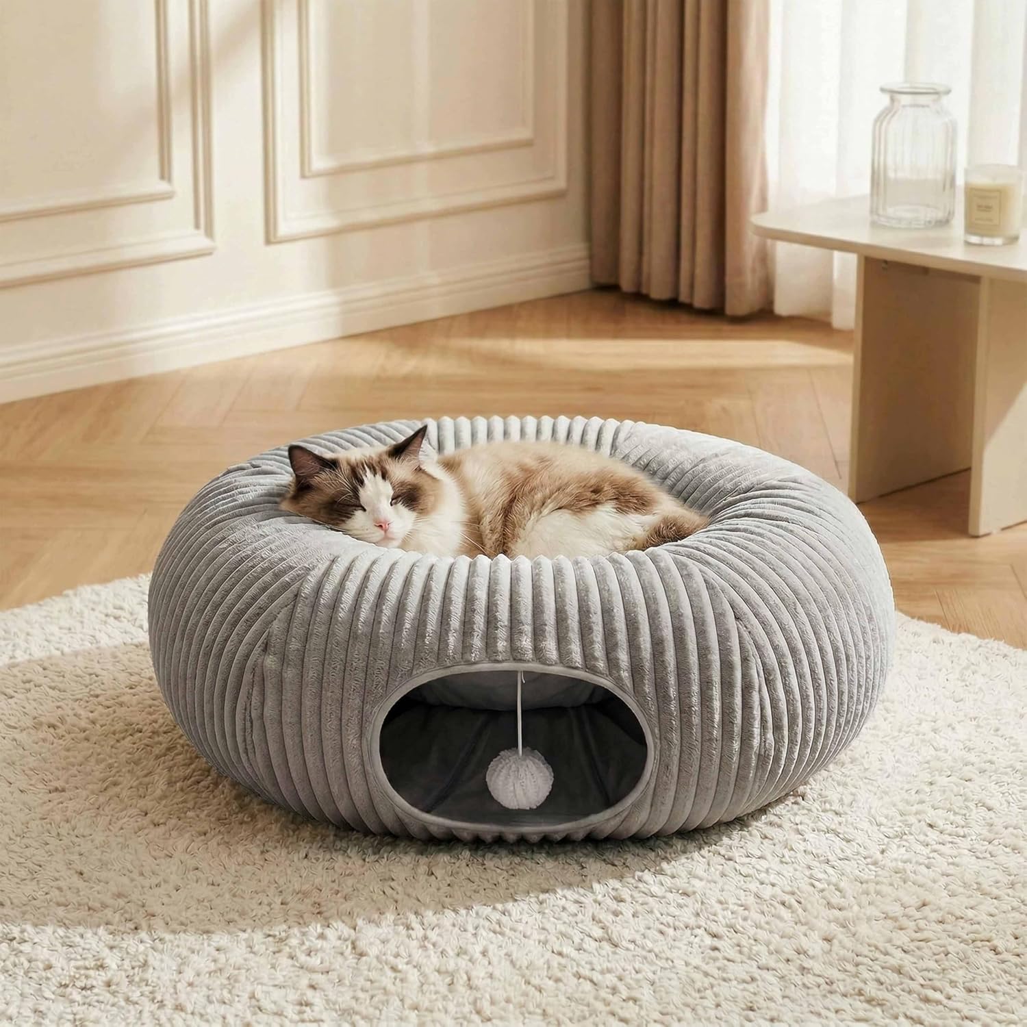 Detalle 2 de MOYMO MOY-CT-strp-grey-14-m Cat Tunnel Bed, Grey Cotton Play Cave