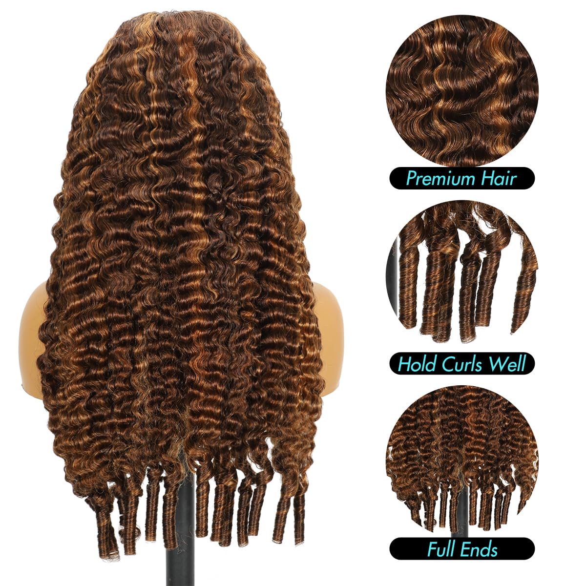 Detalle de Honey Blonde Drawstring Burmese Curly Wig: 22" 13x6 HD Lace Front, 250 Density, Virgin Human Hair