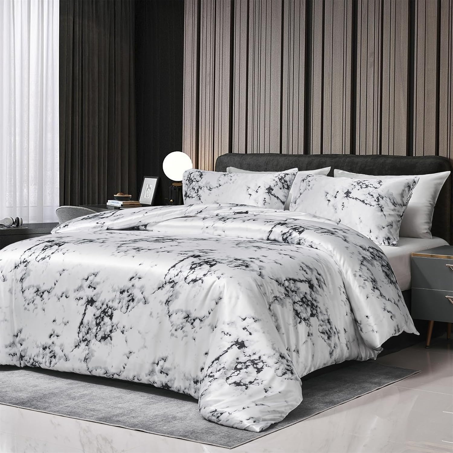 Detalle 2 de Marmoriert Satin Bettwäsche Set 3-teilig 200x220 cm – Schwarz/Weiß, Glänzend, Reißverschluss