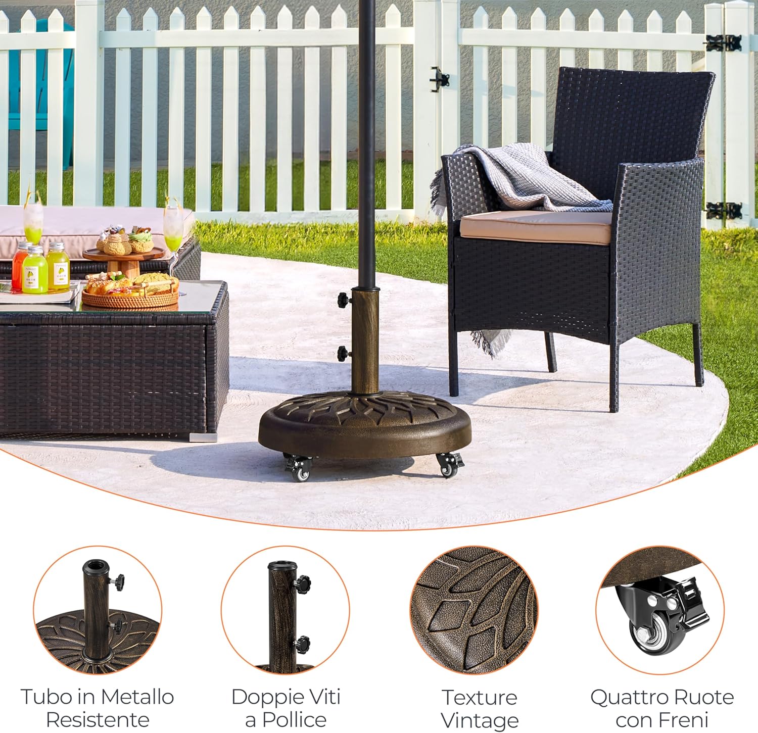 Thumbnail 4 de Yaheetech base per ombrellone da giardino da 20,6 kg con 4 ruote e freni per pali Ø34/38/48 mm (bronzo)