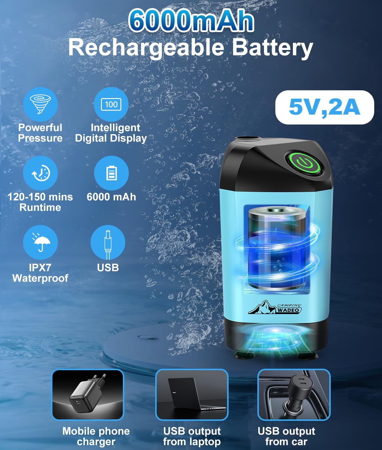 Thumbnail 1 de WADEO Portable Camping Shower with 6000mAh Battery – Intelligent Digital Display & 3 Modes