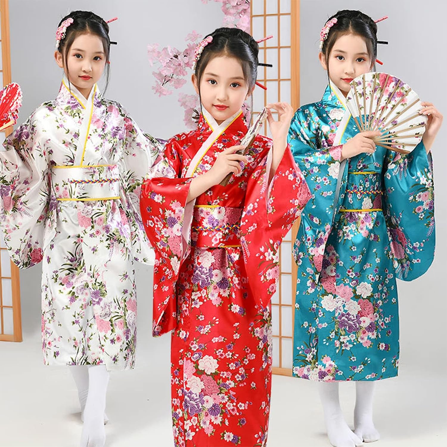 Thumbnail 3 de KRUIHAN Japanse kimono voor meisjes, satijnen yukata met waaier en tabi-sokken