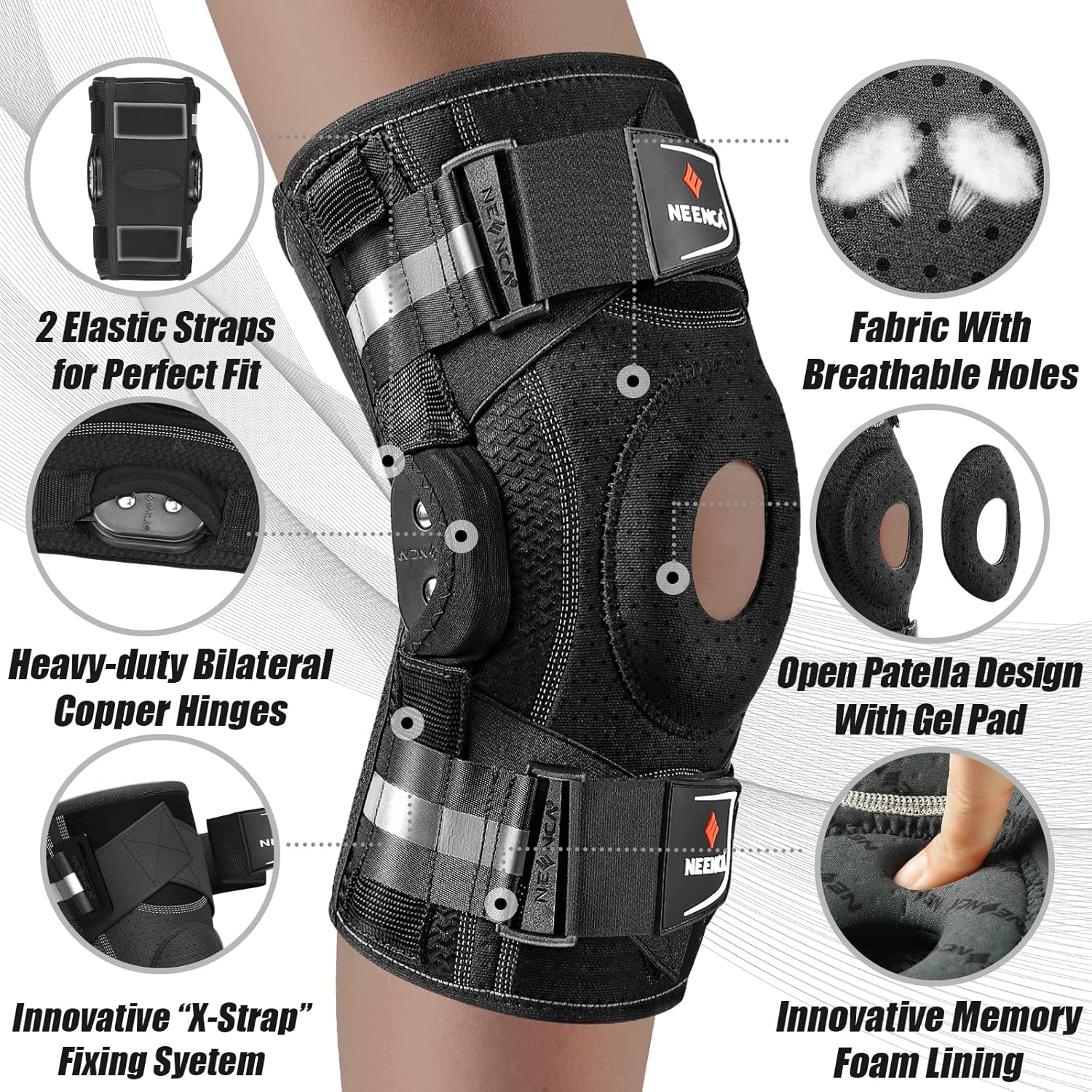 Detalle de NEENCA Professional Knee Brace with X-Strap: Open-Patella Medical Knee Support