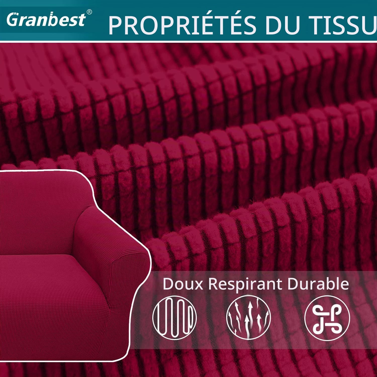 Thumbnail 3 de Granbest elastische jacquard-bankhoes 1-zit wijnrood, machinewasbaar