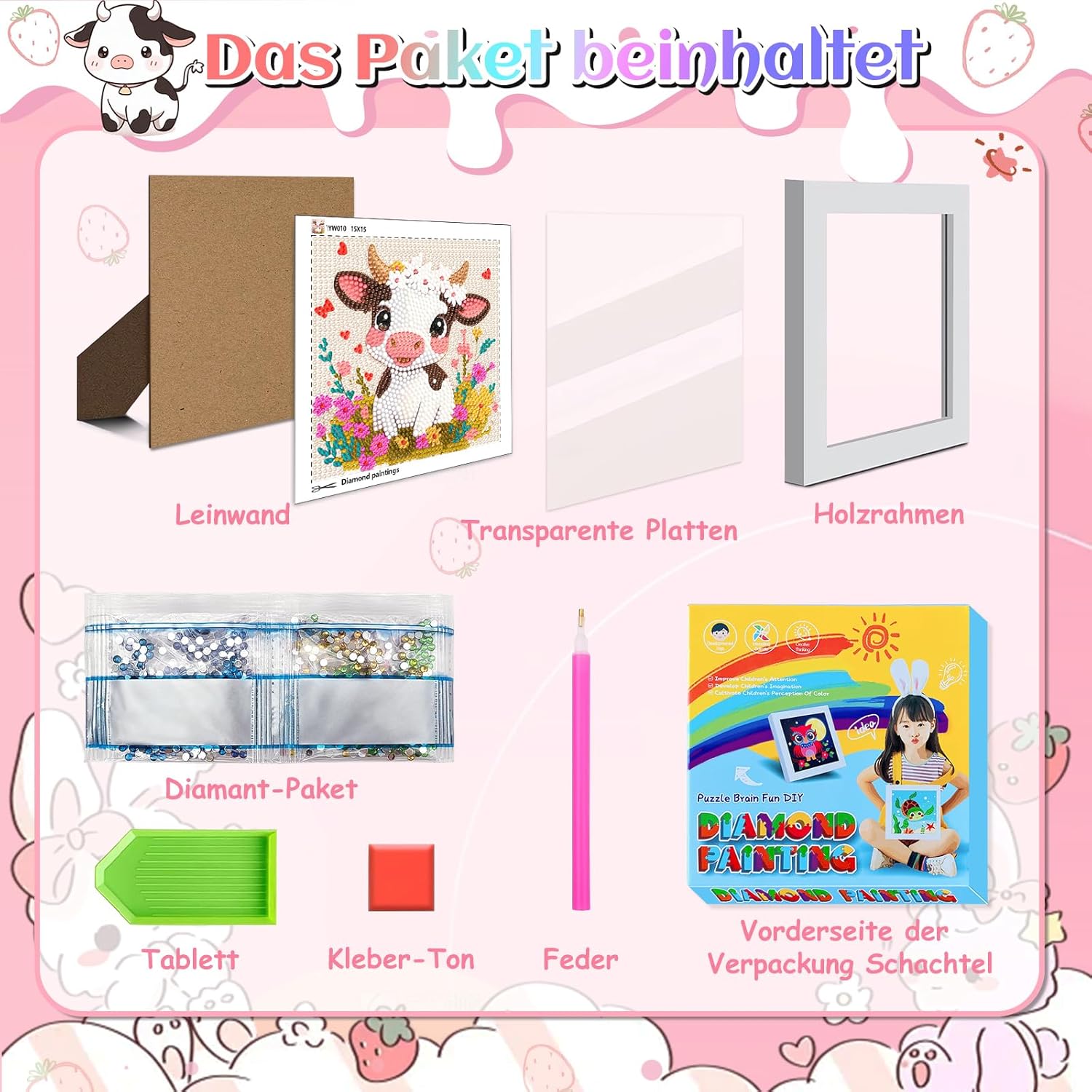 Thumbnail 5 de jieyisier Diamond Painting Set „Kuh“ mit Holzrahmen (5D, 6x6 Zoll) zum Selbermachen