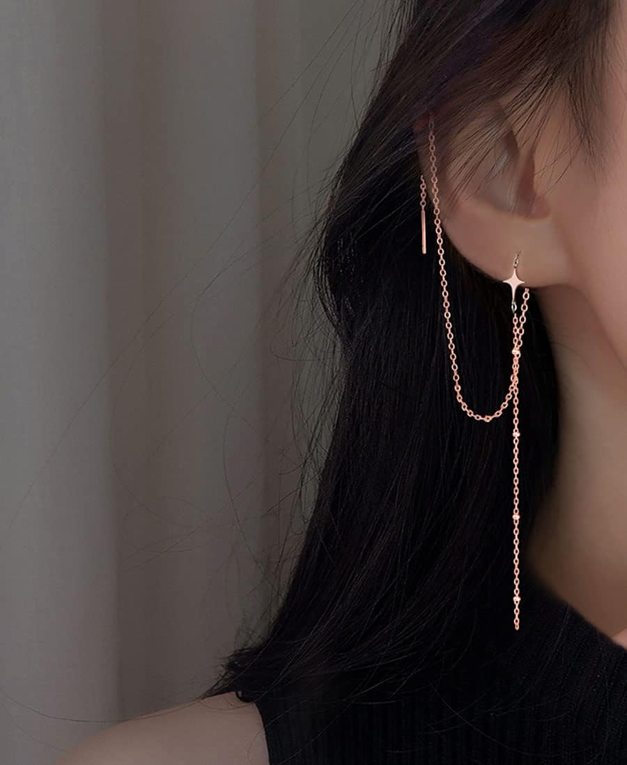Detalle de SLUYNZ 925 Sterling Silver Long Dangle Earrings – Star Tassel Chain