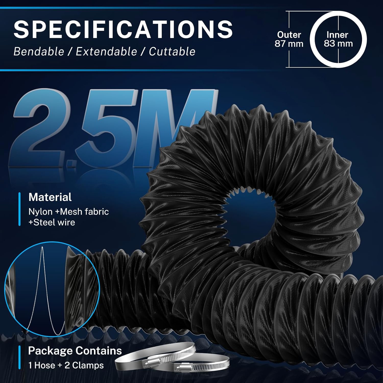 Thumbnail 5 de 75mm nylon flexible ventilation hose 2.5m