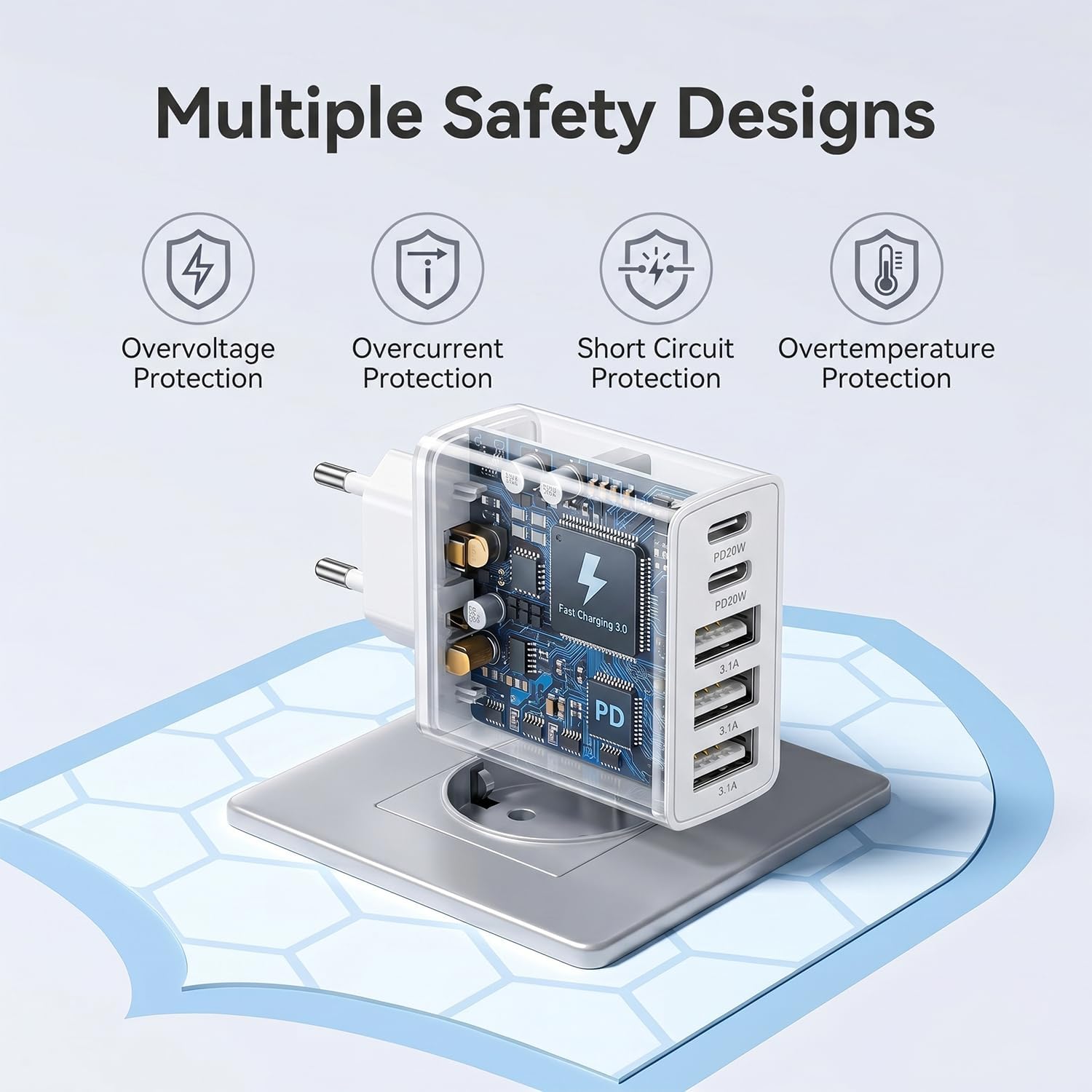 Detalle 2 de Chargeur USB‑C 50W à 5 ports – charge rapide PD/QC, adaptateur universel pour smartphones et tablettes