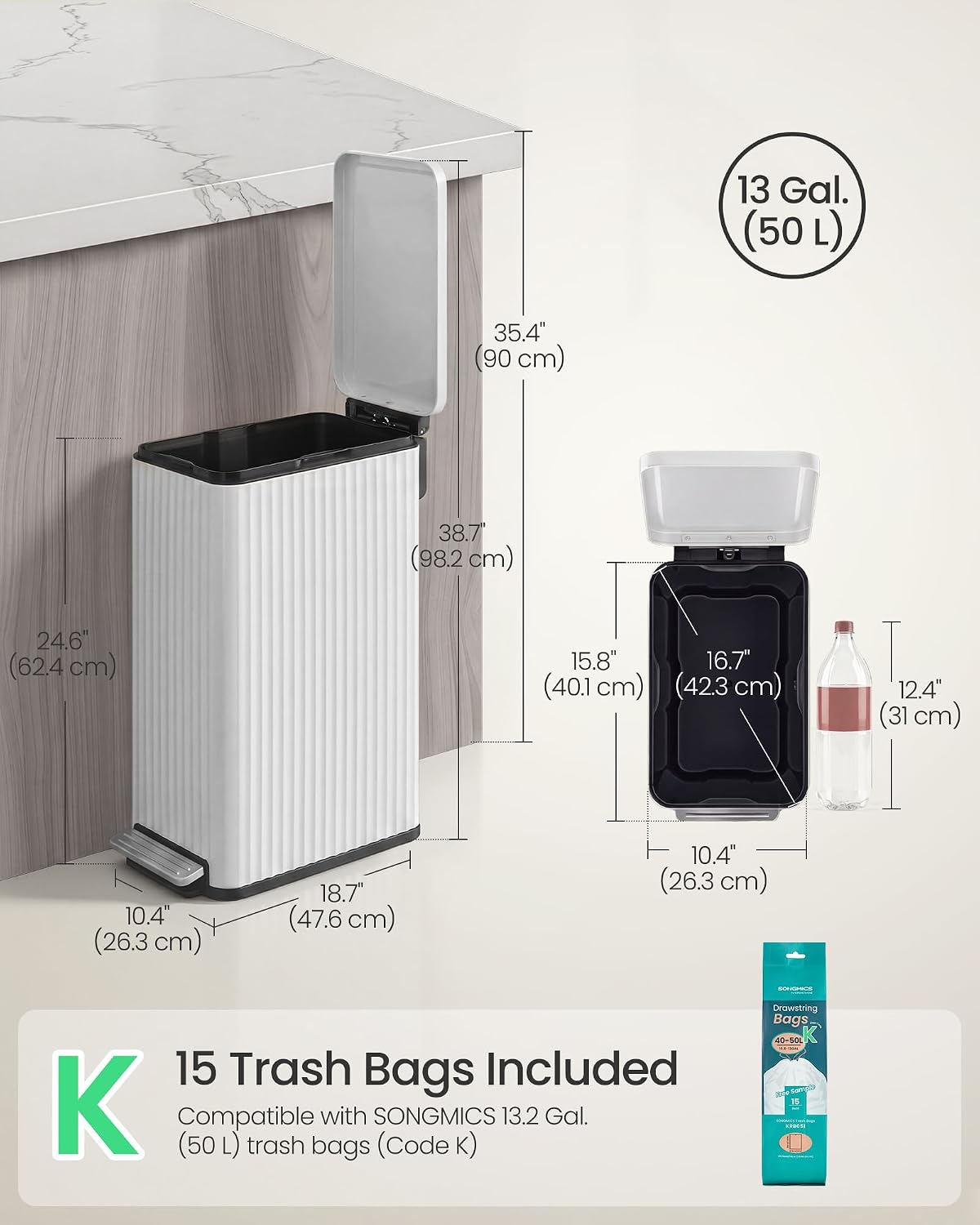 Thumbnail 6 de SONGMICS Kitchen Bin with Pedal, 13 Gallon (50 L) Slim Waste Bin with Soft-Close Lid – Cloud White (LTB350WZ02)