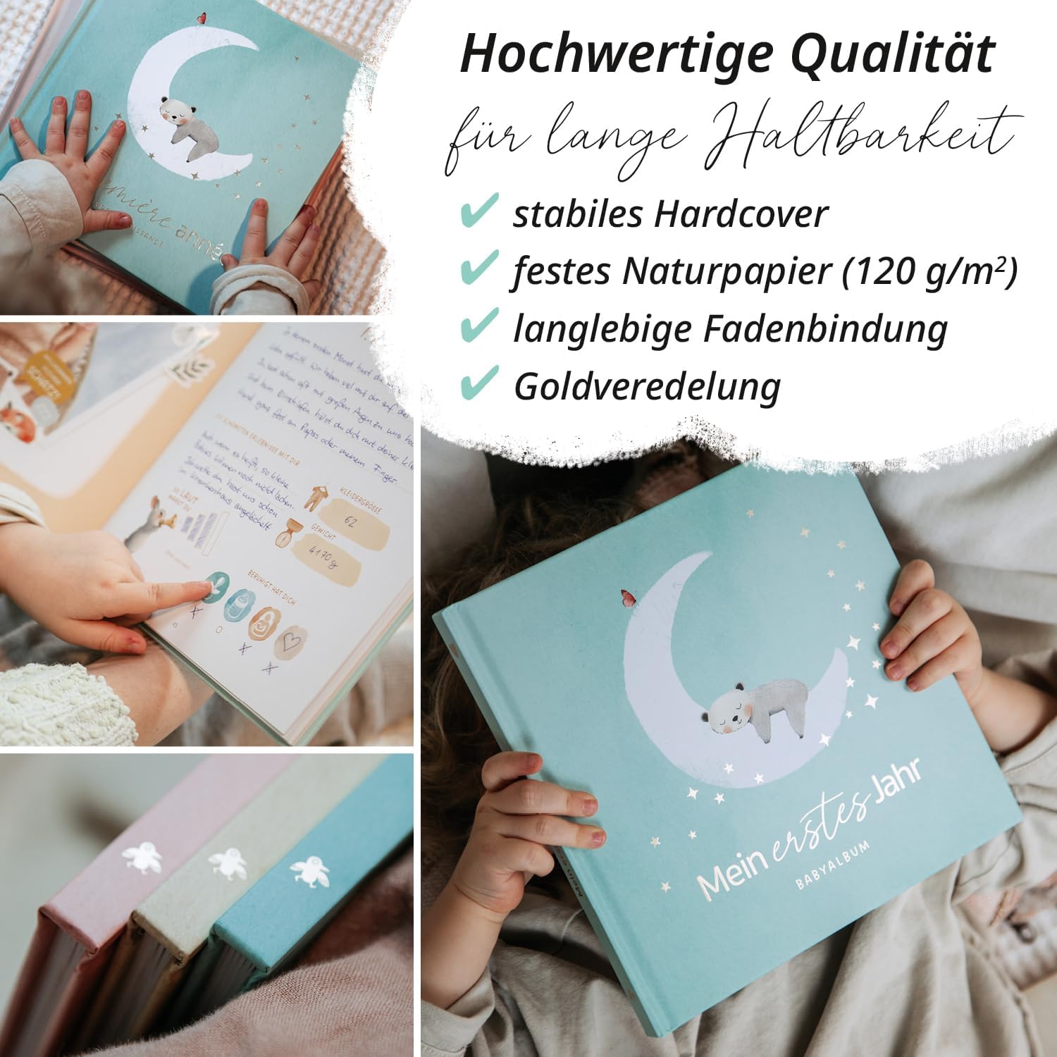 Thumbnail 5 de Mein erstes Jahr Babyalbum | Erinnerungsbuch Baby (Mint) – 80 Seiten, Goldprägung, 21 × 21 cm