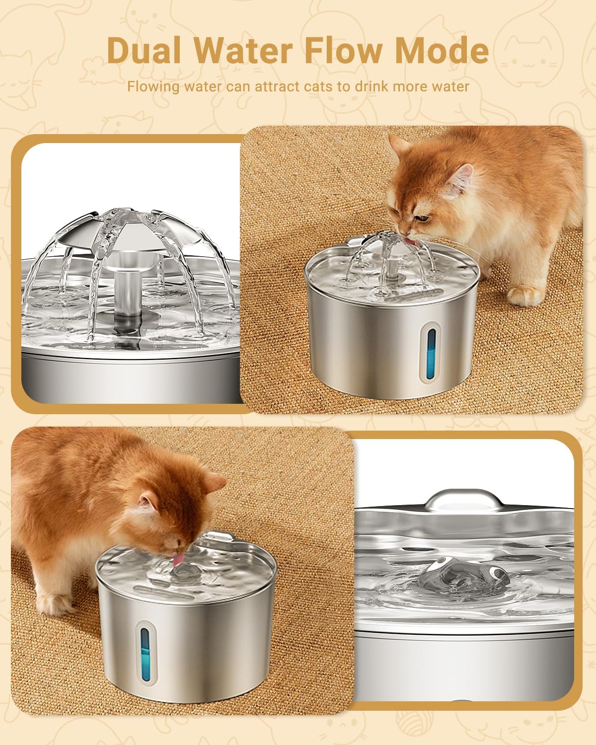 Detalle de BalimoPet Fontanella per gatti in acciaio inox 304 da 2,2 L con filtraggio quadruplo, pompa super silenziosa e LED