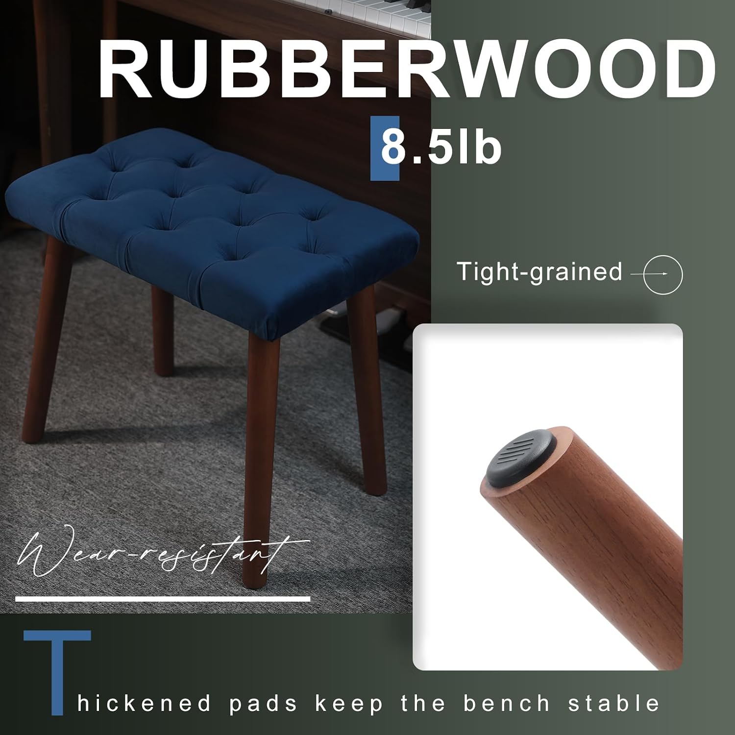 Detalle 1 de AKLOT Piano Bench, Velvet Upholstery, Rubberwood Legs, 300-Pound Capacity