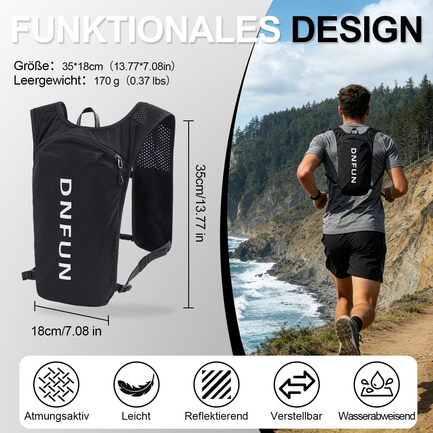 Detalle de DNFUN Laufweste mit 1,5-L-Trinkflasche – verstellbare Trinkweste fürs Joggen & Outdoor-Sport