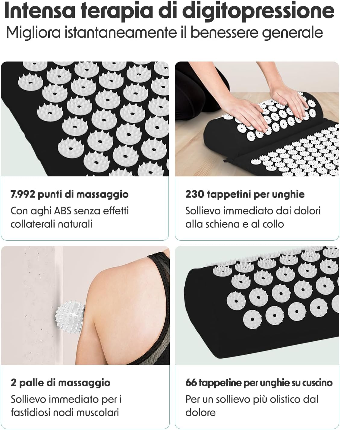 Detalle de LifeGoods Tappetino Agopressione Mysa bianco e nero con cuscino e sfere massaggianti