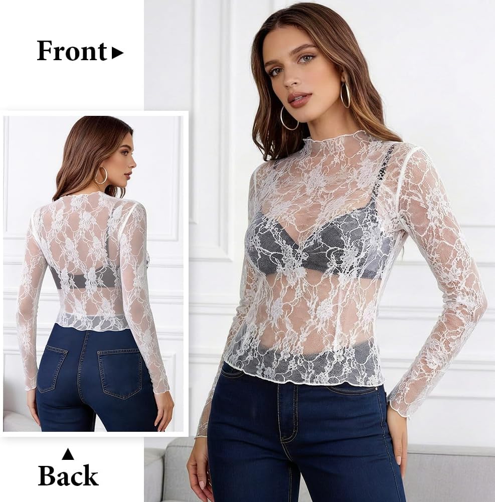Detalle de BSBUY 5477500 transparante mesh top met bloemenmotief en lange mouwen