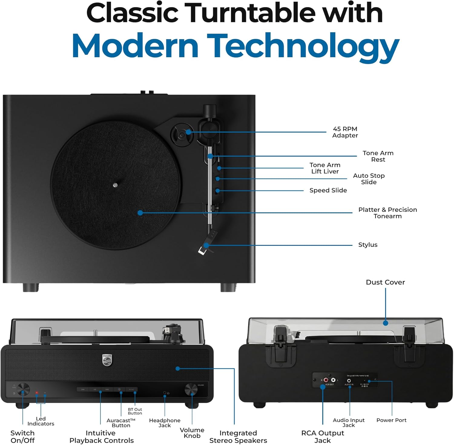 Thumbnail 1 de Philips All-in-One Bluetooth Turntable Record Player with Built-In Speakers (3-Speed, Audio-Technica Stylus)