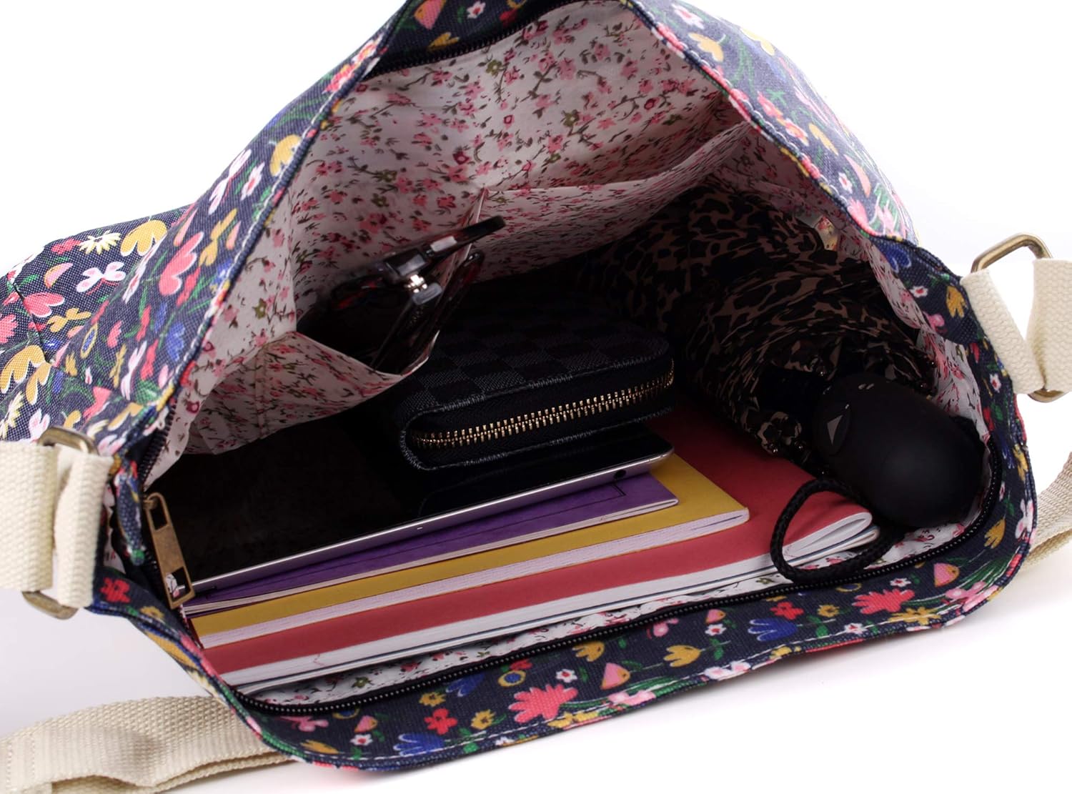 Detalle de Wedmay Women's Cross Body Bag: Flower, Butterfly & Owl Print Large Canvas Messenger