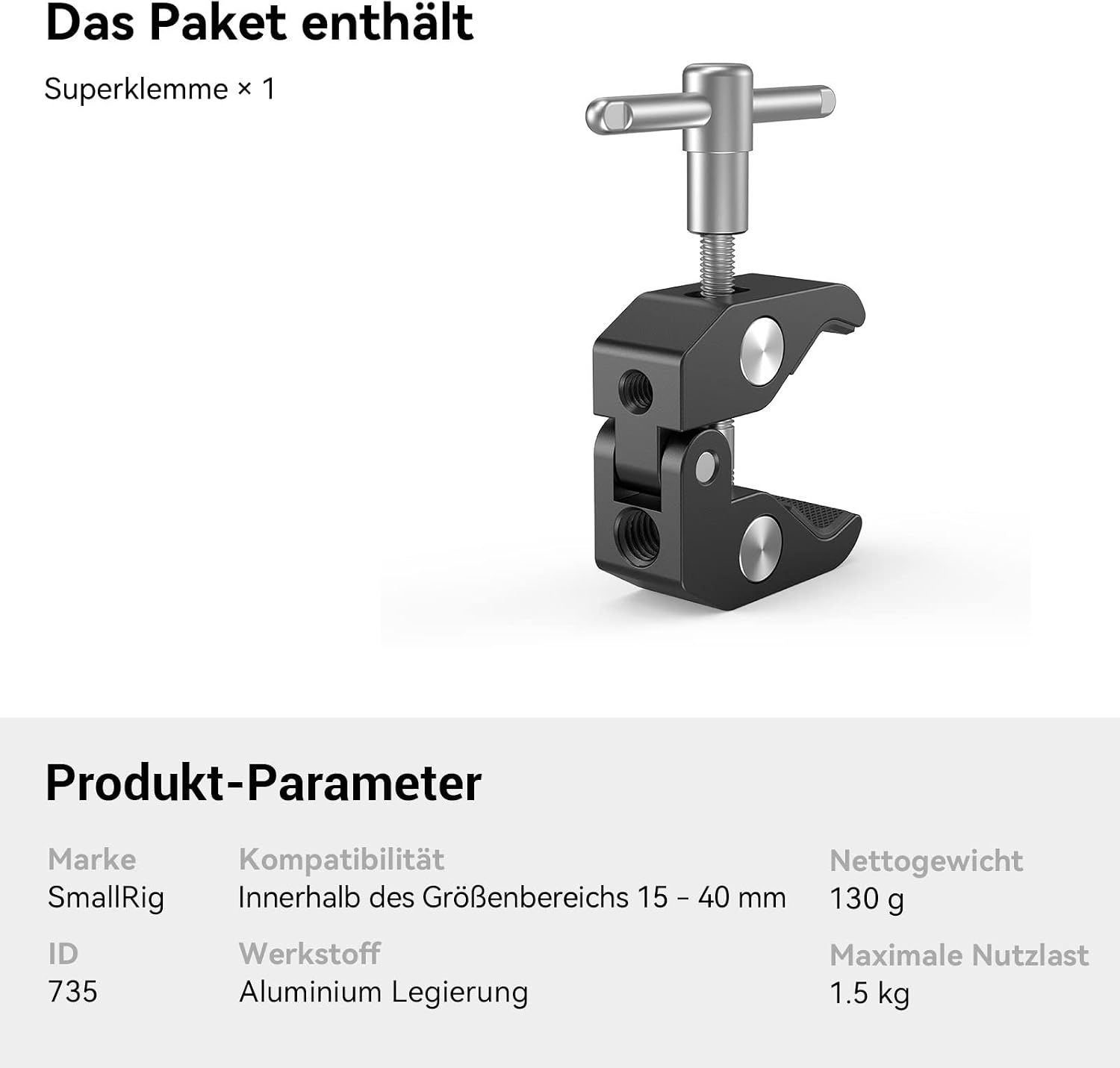 Detalle de SMALLRIG Super Clamp Stativ-Klemme mit 1/4- und 3/8-Gewinde (Aluminium) – universelle Befestigung für DSLR-Rigs