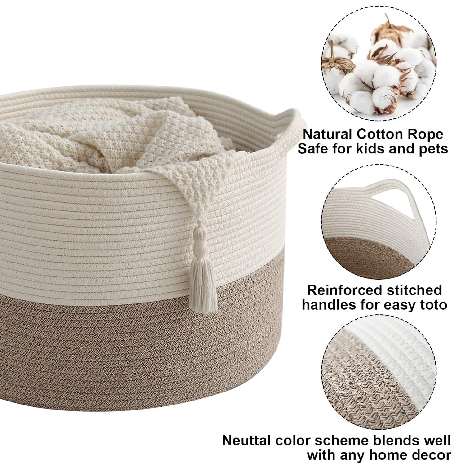 Thumbnail 2 de HZFTJOY 65L Large Blanket Basket (19.7 in x 19.7 in x 13 in) Rope Woven Storage Bin with Handles