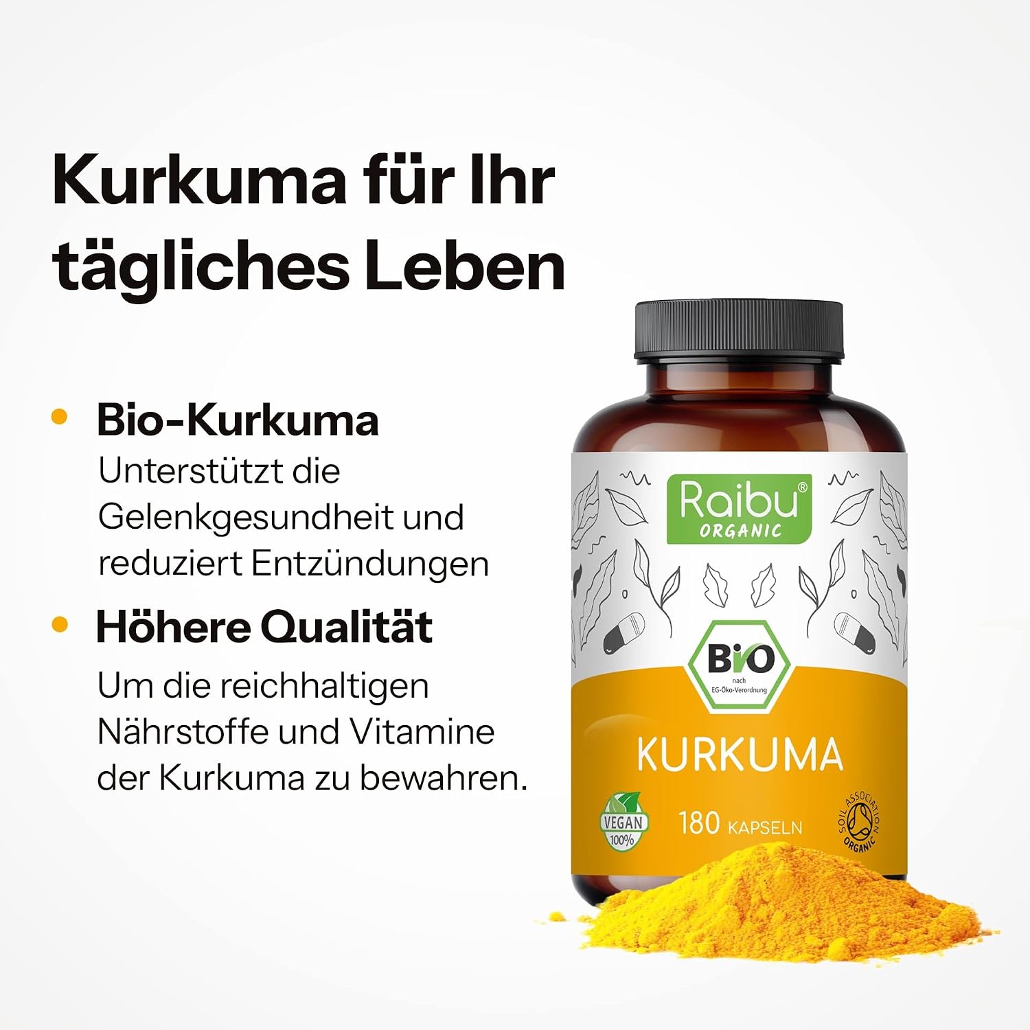 Detalle 1 de Raibu BIO Kurkuma Kapseln hochdosiert 180 Stück