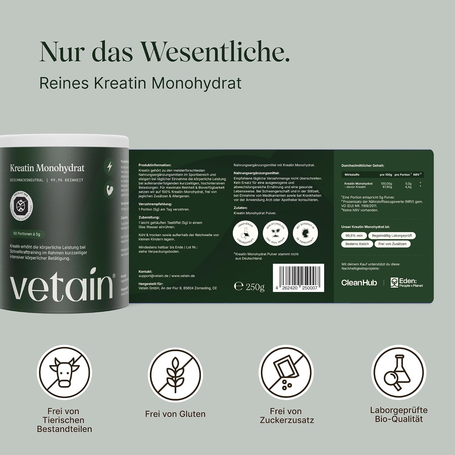Detalle de VETAIN Creatin Monohydrat 250 g – mikrofeines Pulver, 50 Portionen, vegan & ohne unnötige Zusätze