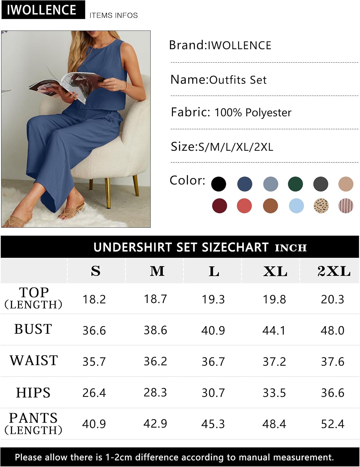 Detalle de IWOLLENCE Co Ord Sets for Women 2 Piece Outfit: Sleeveless Crop Top & Wide-Leg Trousers, Lightweight Crinkle Lounge Set