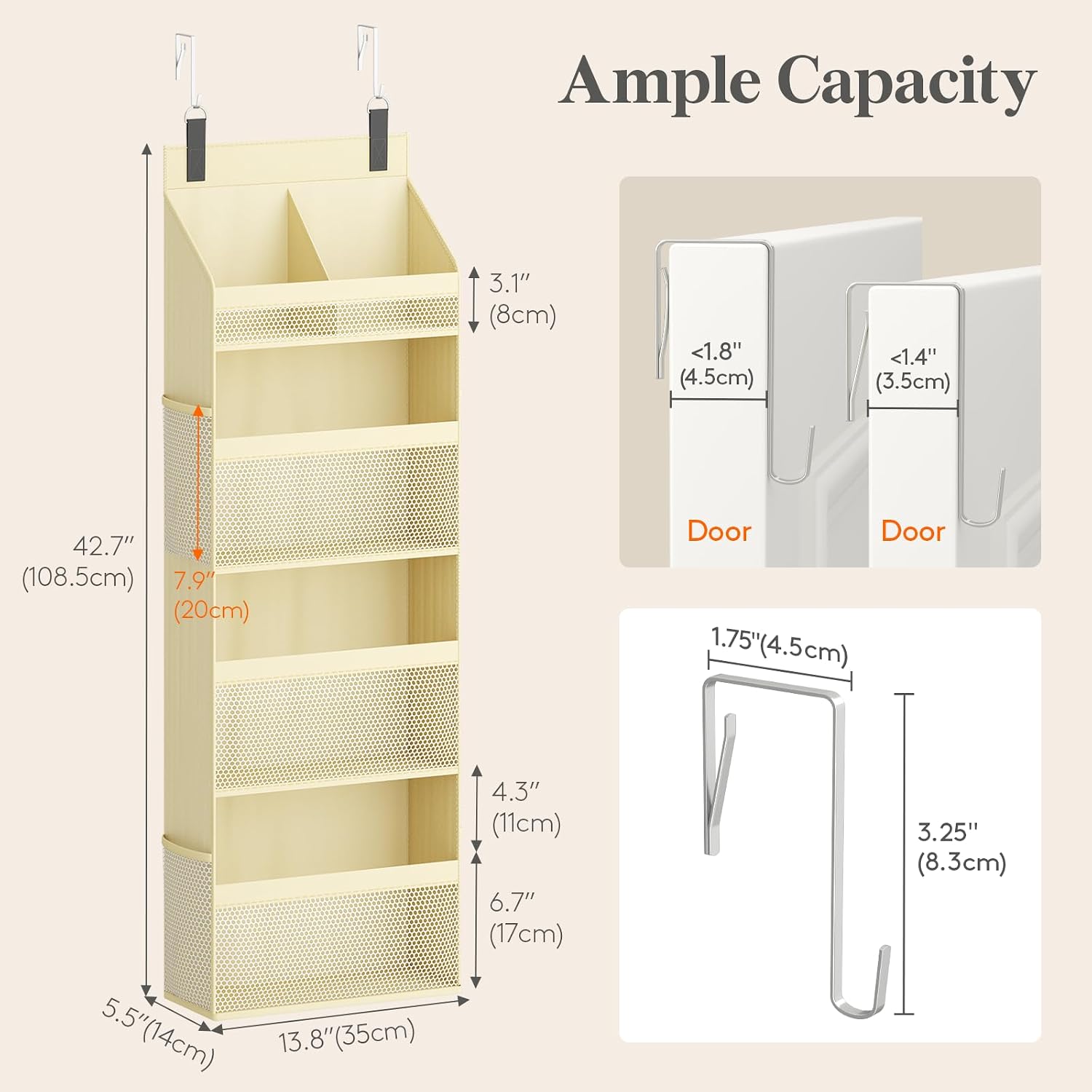 Detalle de Lifewit 25122 4-Tier Over-the-Door Organizer, Beige, 4 Mesh Side Pockets