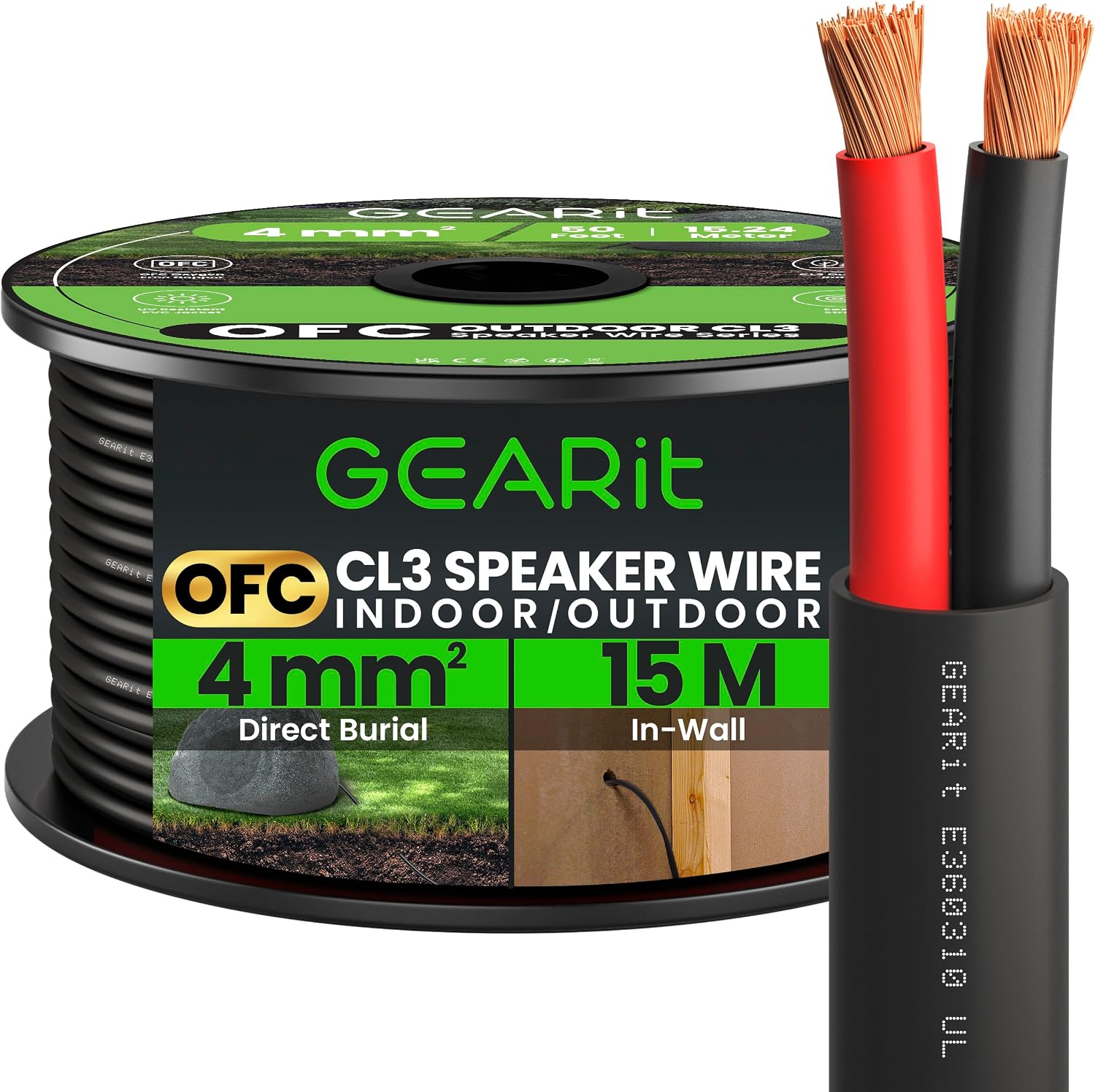 Detalle de GEARit 2x4mm² OFC Outdoor Speaker Cable – 15m, CL3 In-Wall Rated, 2 Core