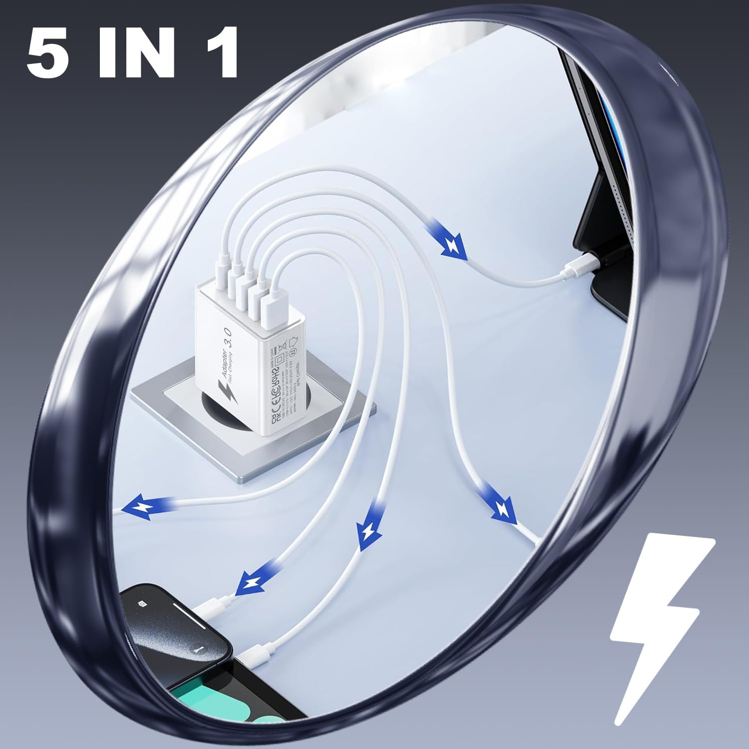 Detalle 2 de Chargeur USB C 50W 5 ports – PD & QC, 2 USB-C + 3 USB-A (iPhone et Galaxy)