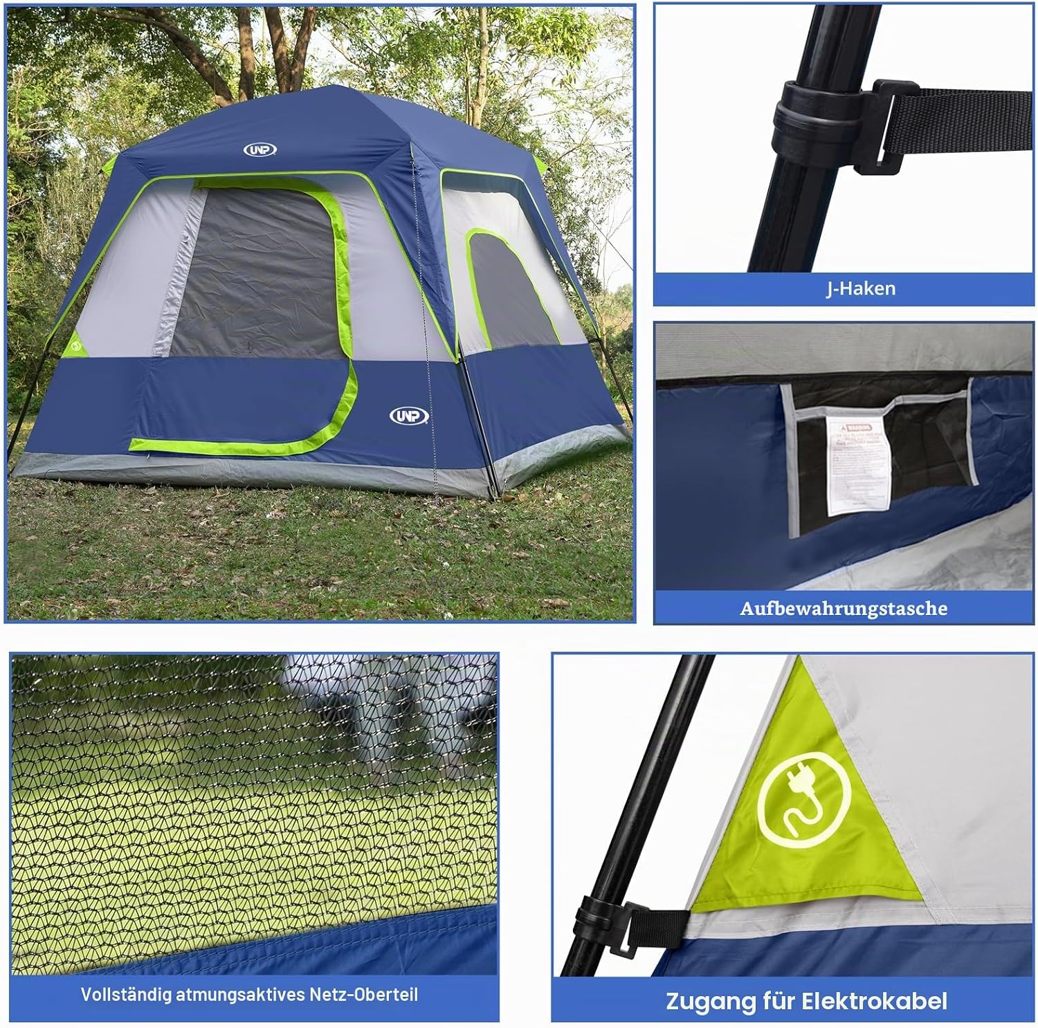 Detalle de UNP Campingzelt für 4–8 Personen – Einfacher Aufbau, wasserfest mit Regendach, Stehhöhe