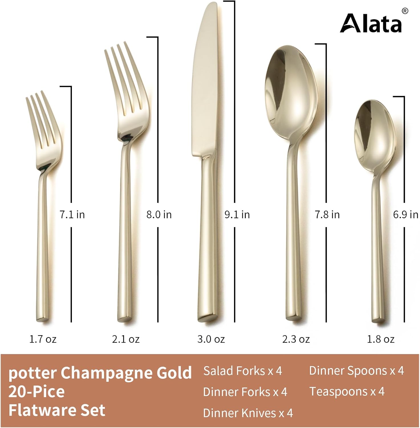 Thumbnail 3 de Alata Potter Champagne Gold 40-Piece Forged Silverware Set (Service for 8) in Stainless Steel