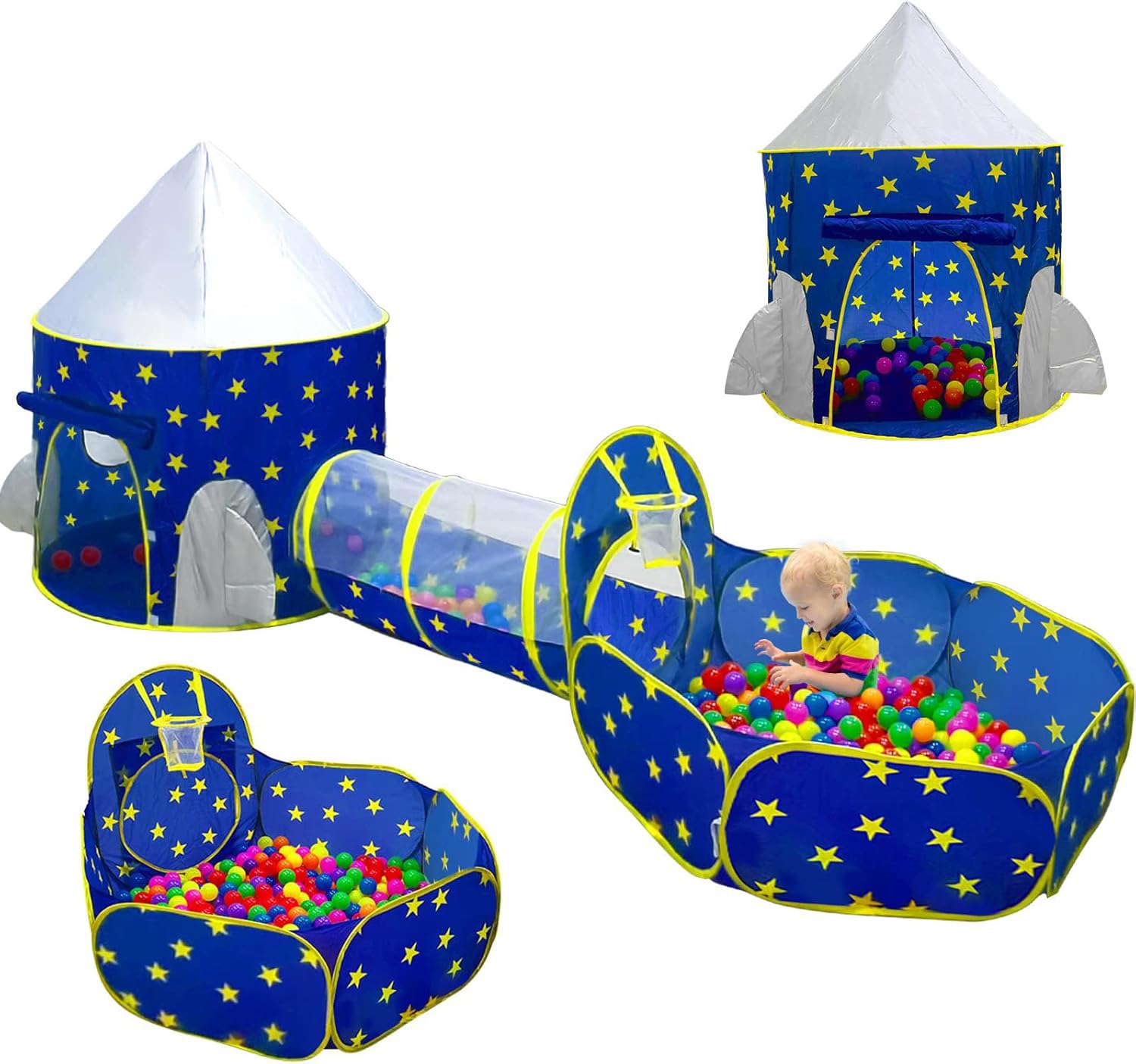PigPigPen 3pc Kids Play Tent Set with Ball Pit and Crawl Tunnel (Space Theme)