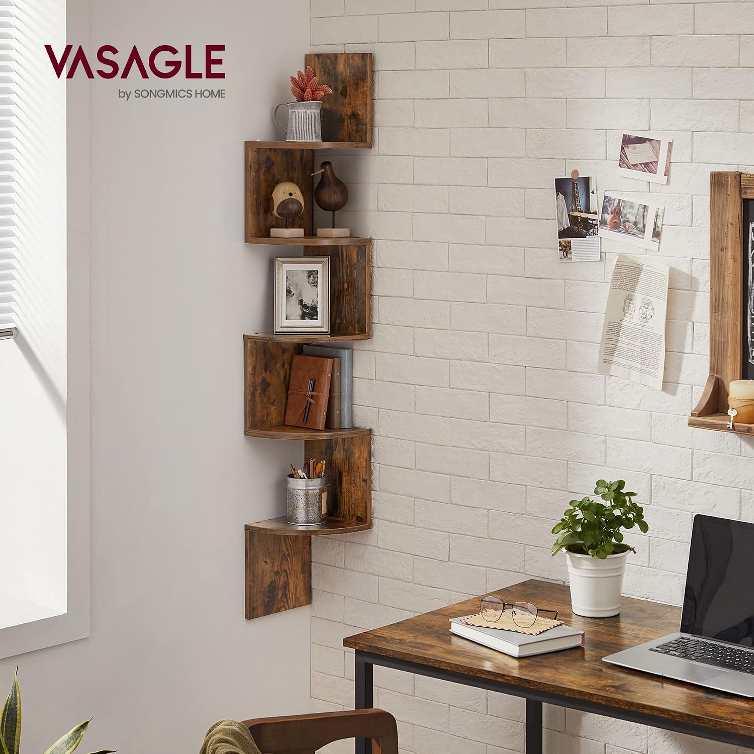 Detalle 2 de VASAGLE CUSTOS LBC20BX 5-Tier Corner Shelf, Wall-Mounted, Rustic Brown