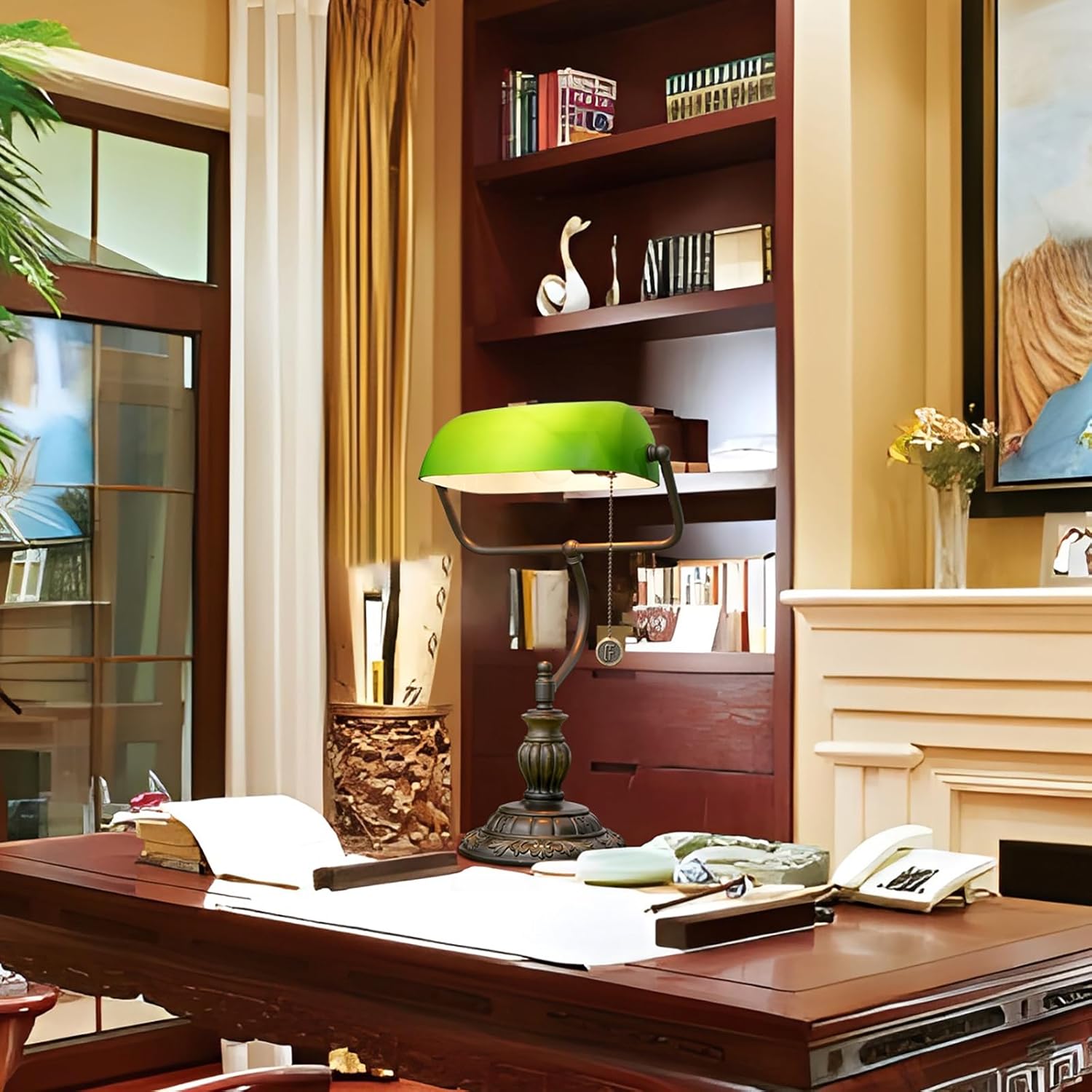 Thumbnail 1 de Blivuself Green Bankers Lamp with Stained-Glass Shade – retro bedside or desk reading light