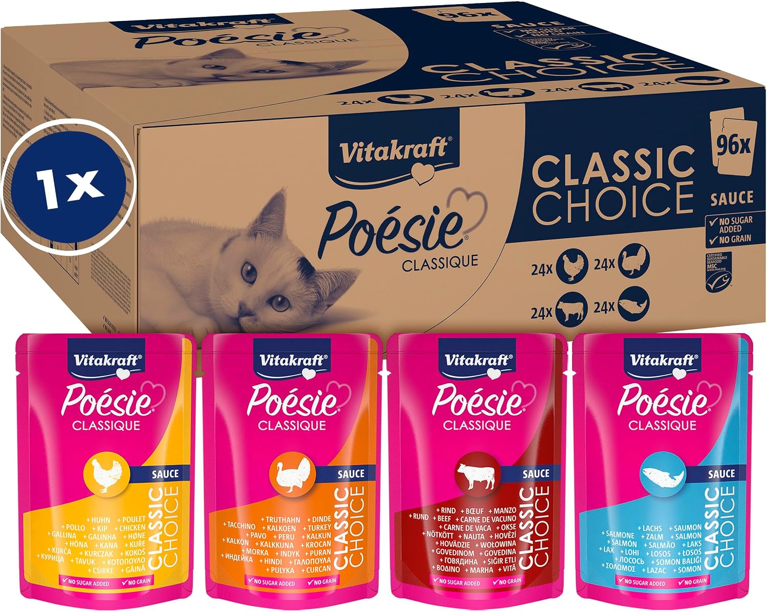 Detalle de Vitakraft Poésie Classique Vorratspackung Nassfutter Katze – Filet mit Huhn, Truthahn, Rind und Lachs (96 x 85 g)