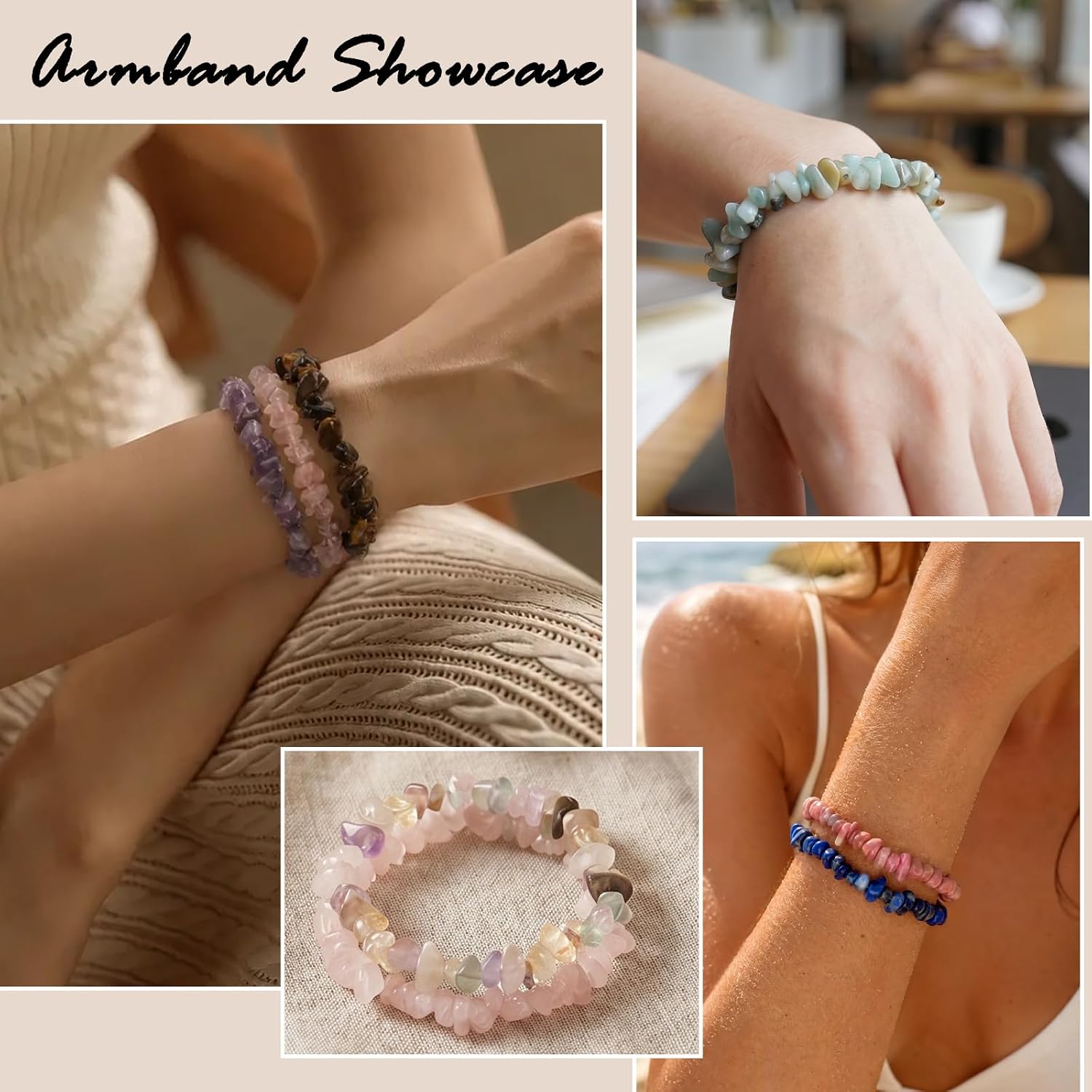 Detalle de RUBY Naturstein Splitterarmband aus Rhodonit – handgefertigt, elastisch, mit Holzbox