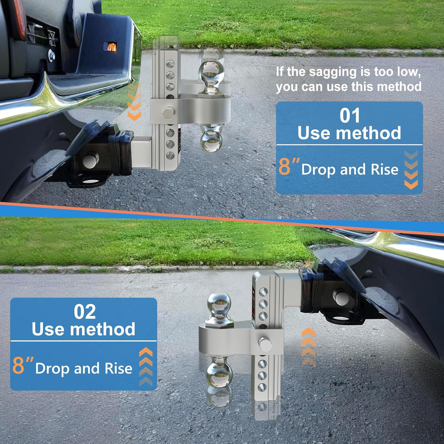 Thumbnail 3 de Vullteeon 8-Inch Adjustable Drop Hitch Ball Mount for 2.5-Inch Receiver with Dual 2" & 2-5/16" Chrome Balls (18,500 LBS GTW) & Anti-Theft Pins