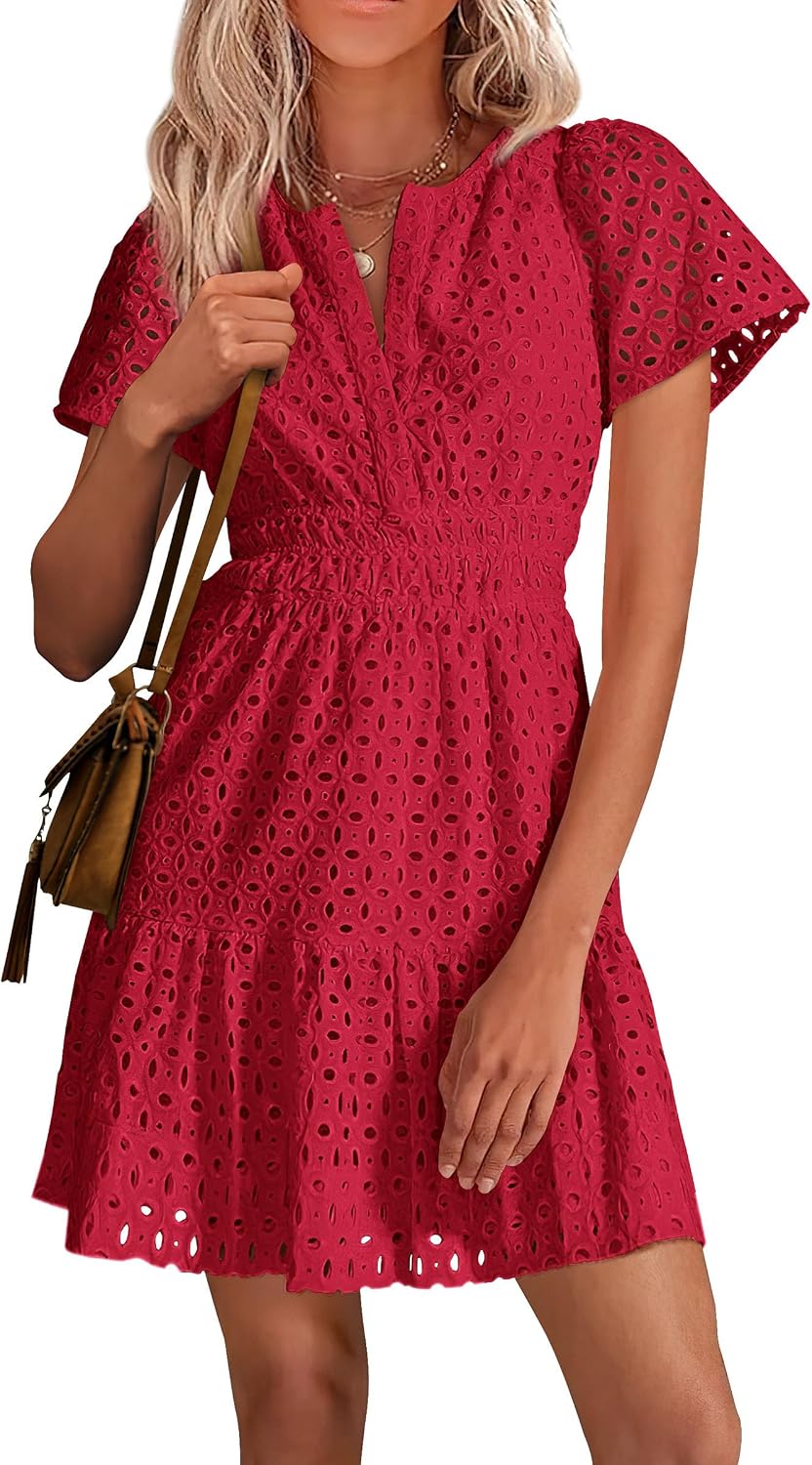 Detalle de PRETTYGARDEN Women’s 2026 Summer Short Dress – V-Neck Short Sleeve A-Line Lace Mini