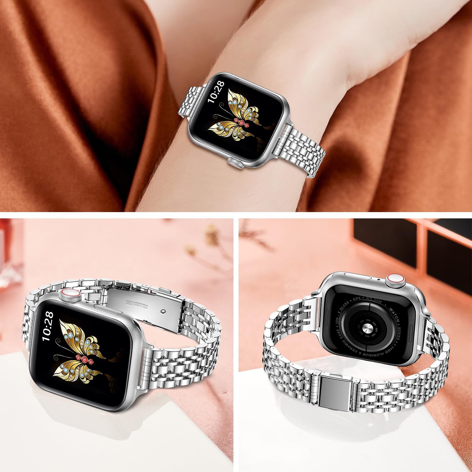 Detalle 2 de MioHHR Slim Stainless Steel Chain Watch Strap (Silver) for Apple Watch 42/44/45/46/49mm