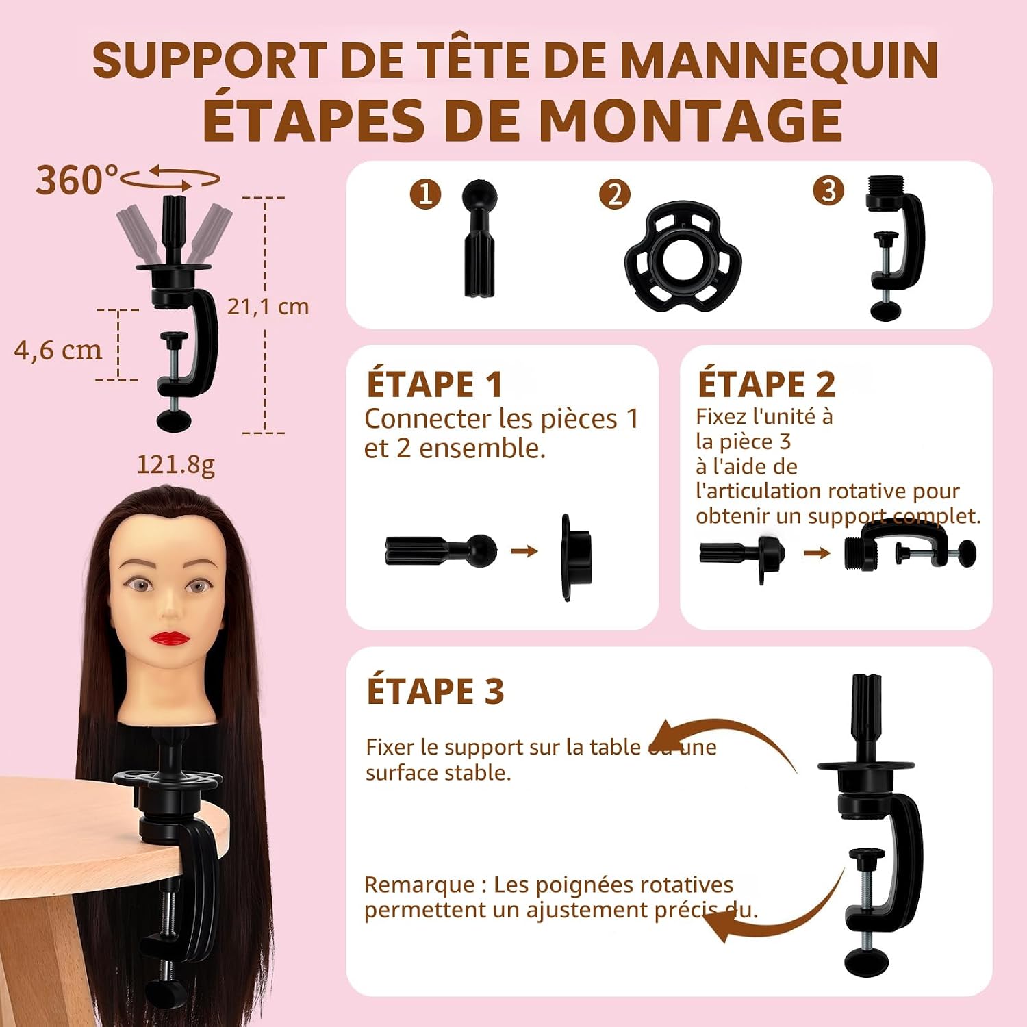 Detalle de Tête à coiffer professionnelle pour enfants avec support – kit complet pour apprentissage en salons et écoles