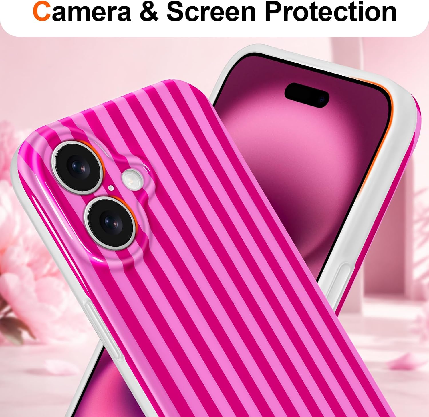 Detalle de Hython iPhone 16 Plus Case, Hot Pink Striped Slim Soft TPU Cover